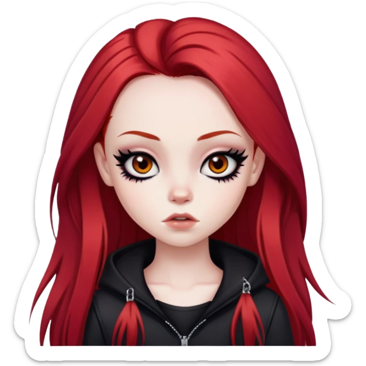 emo alternativ red long hair, pale skin,  brown iris, pretty bratz baddie, strong black eyeliner sticker