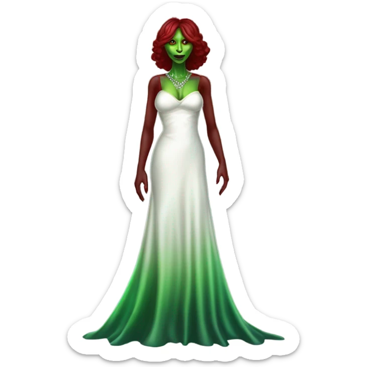 reptilian green alien woman, in long slim pastel color:#FFFFFF formal party satin dress with gradient shiny sparkling dark red, full figure, full body sticker