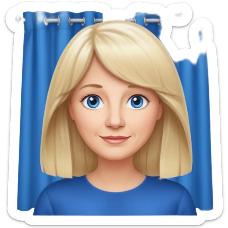 50 yr old white woman, curtain bangs, very long straight blond hair, oval face, small smile, blue eyes sticker