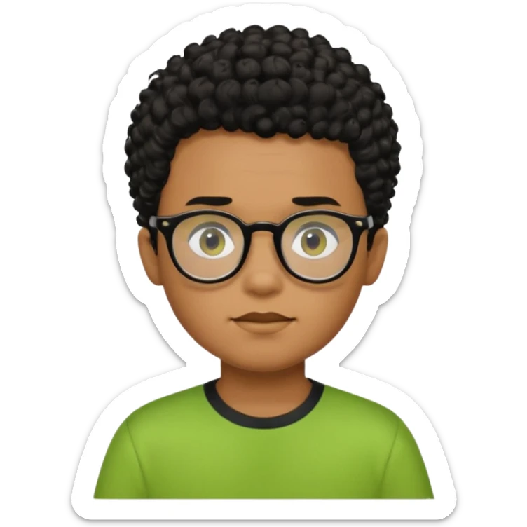 Menino pardo com cabelo curto cacheado preto raspado dos lados, de óculos preto e blusa verde e amarela sticker