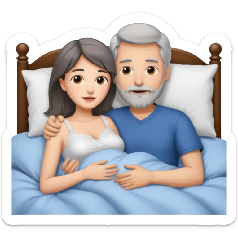 Man with grey hair and beard, and beautiful brunette woman spooning in bed sticker