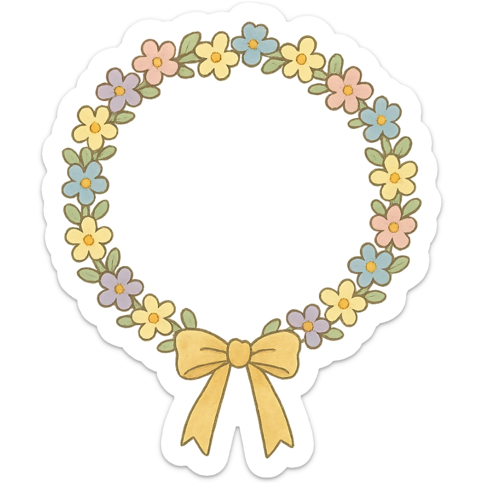 a floral wreath made of small pastel flowers with a gentle bow, Japanese hand-drawn, full object, transparent background sticker