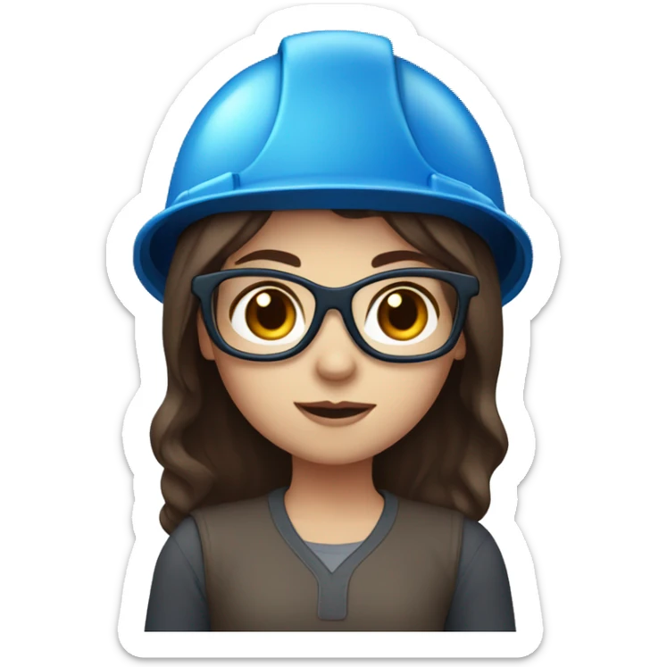 Girl with construction helmet, white skin, blue eyes, dark blue glasses, long brown hair sticker