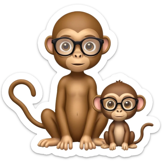 two toys monkeys: female and male. female has big eyes and light skin, the male has normal eyes, glasses and brown skin sticker