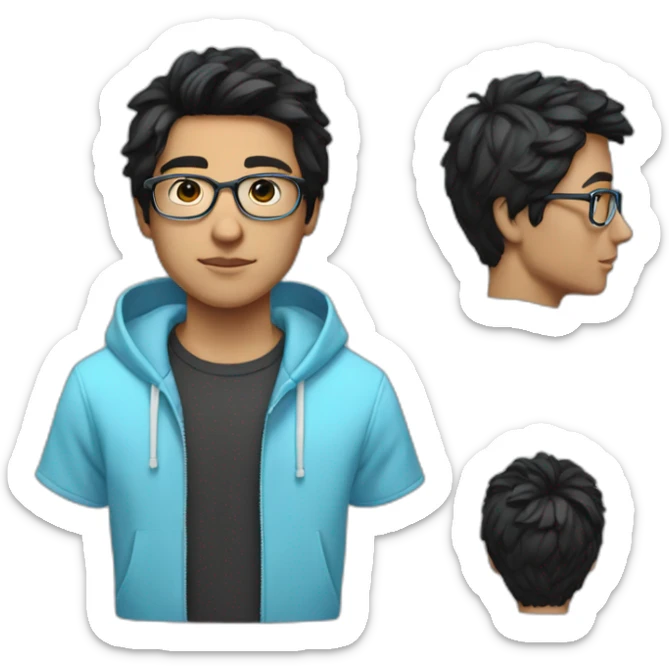 Boy, black hair, ((light blue hoodie)), glasses, white skin sticker