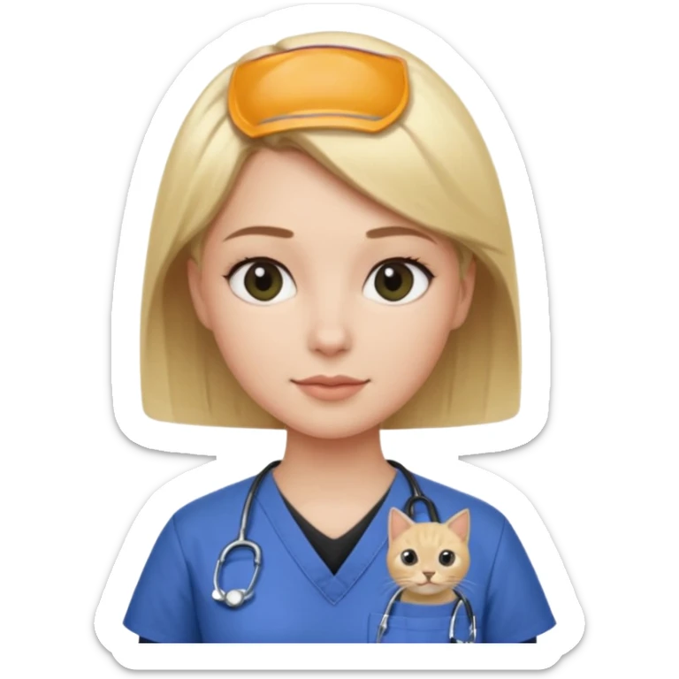 Woman with short blonde hair wearing scrubs with black cats on the top sticker