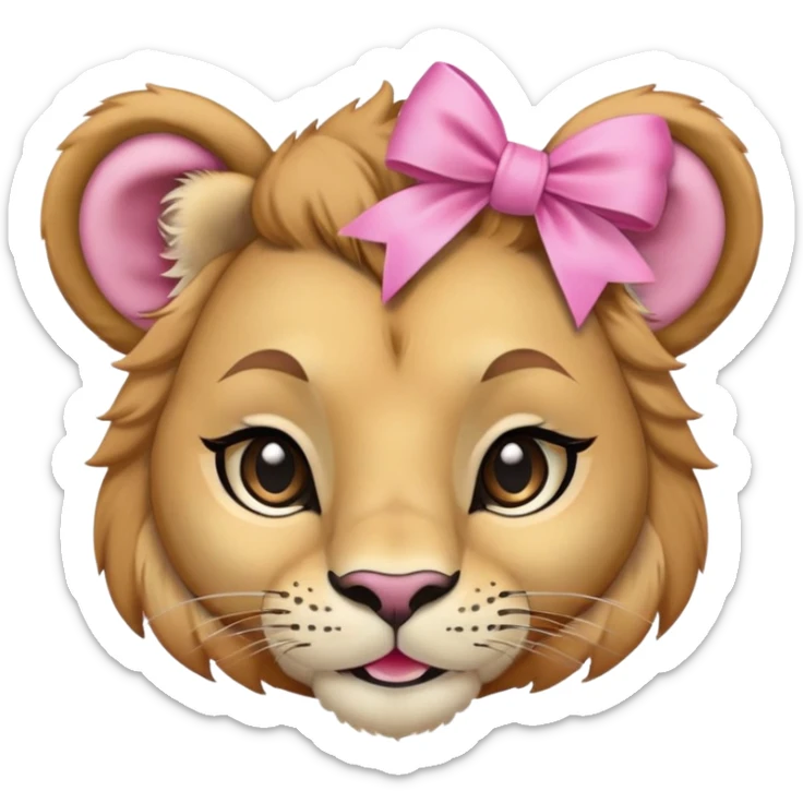 A young lioness with a pink bow on the right side of her head, feminine face, long lashes, and a confident smile sticker