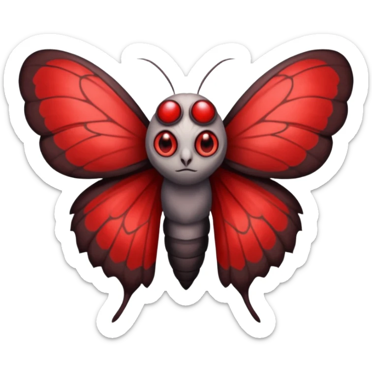Create a scary emoji of the mothman with bright red eyes and as depicted in the legend. Make it less bird like and more Moth / Human hybrid- Human with Moth wings and Eyes sticker