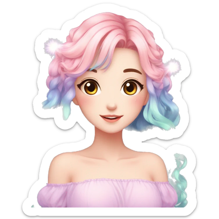 Gorgeous Beautiful Blushing Petite Colorful-Shiny-Pastel-Fairy-Soarkle-Anime-Girl with beautiful gradient pastel hair aesthetic sticker