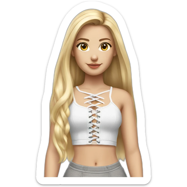 hyperrealistic caucasian female, long straight blonde hair, white lace up crop top, grey mini skirt, body view sticker