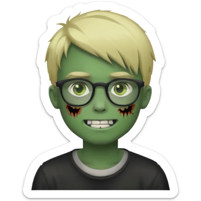 boy zombie with blonde emo hair and green skin and glasses and corner smile sticker