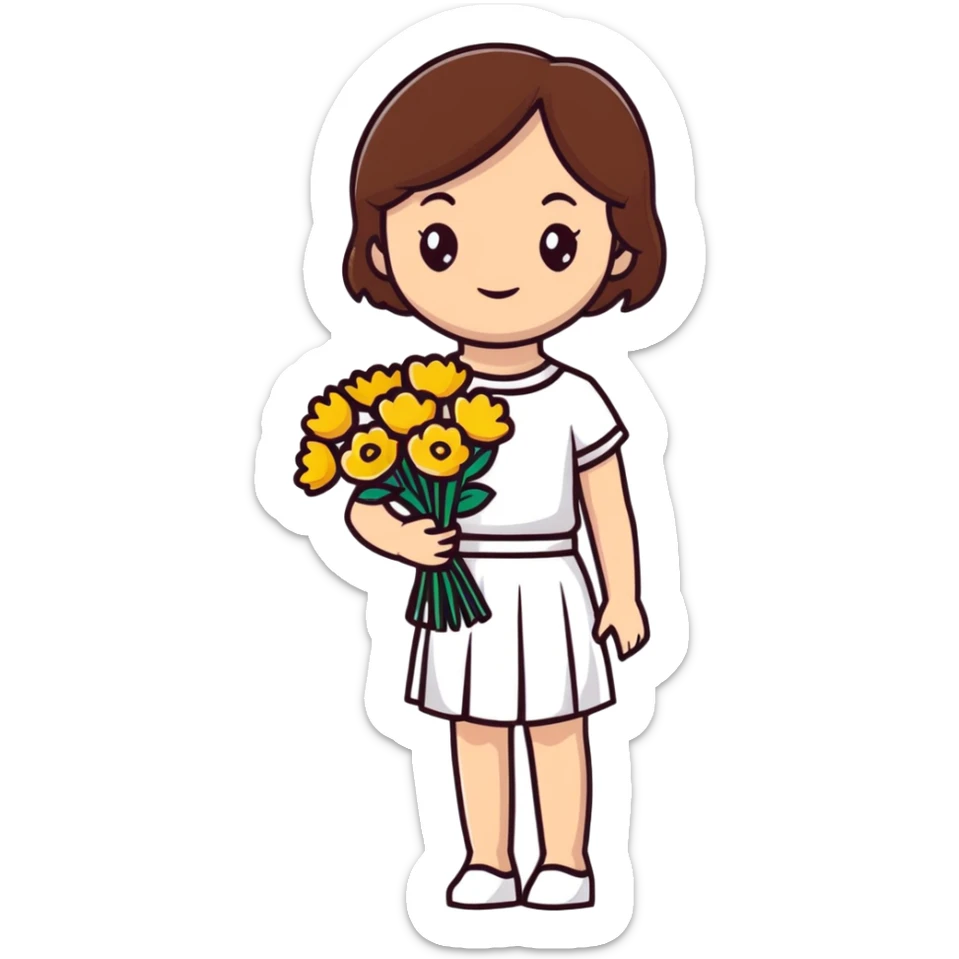 girl with brown hair wearing a white skirt holding a bouquet of flowers sticker