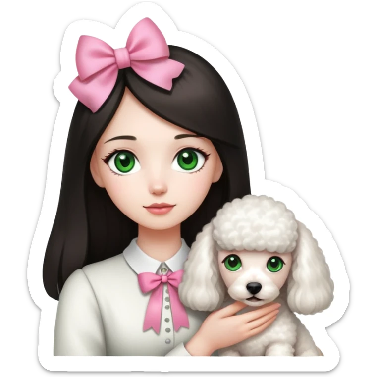 A girl with green eyes and long straight dark hair, who is holding a white poodle with a pink little bow. sticker