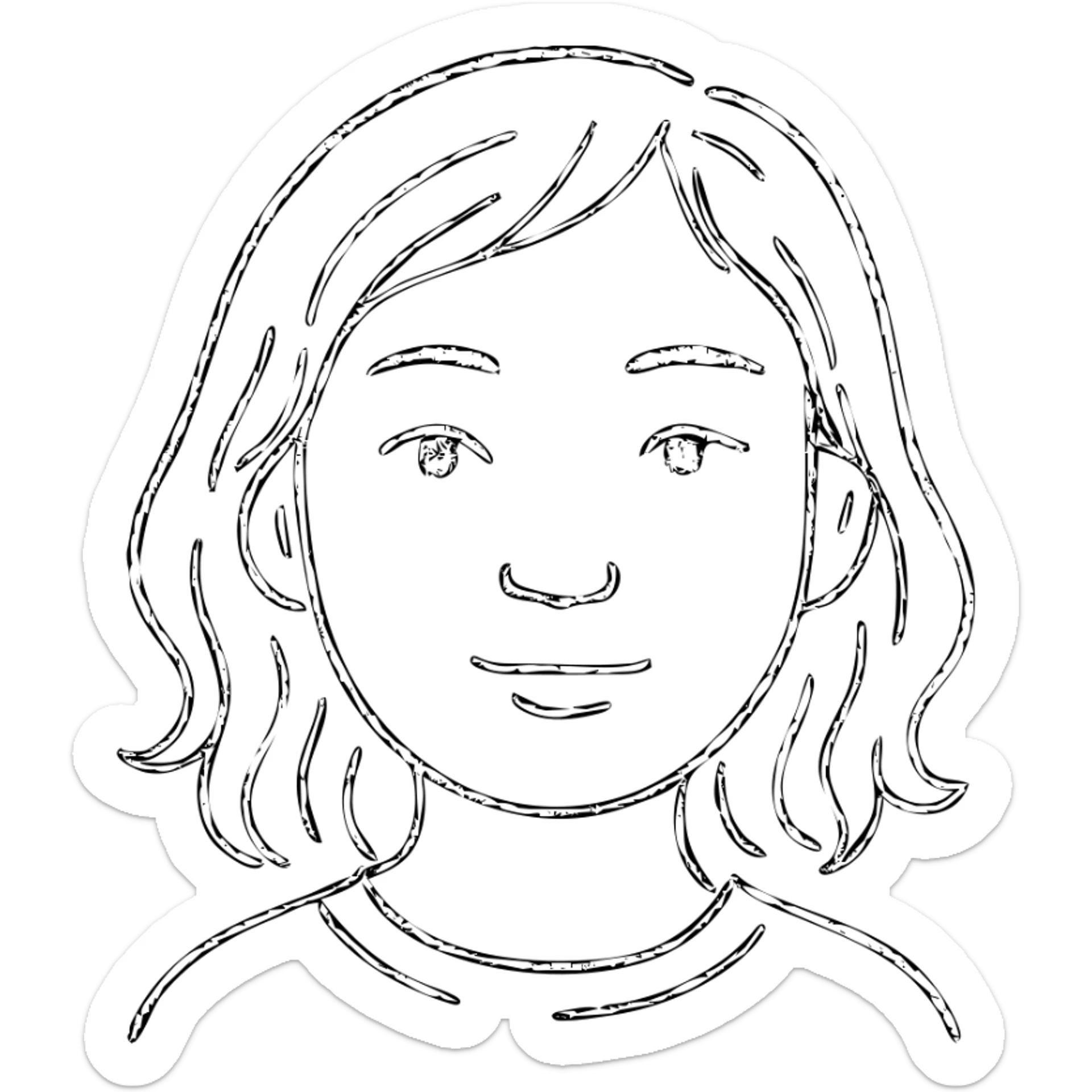portrait of an Asian girl with medium brown wavy hair and brown eyes, paler skin tone, hand drawn outlined style sticker