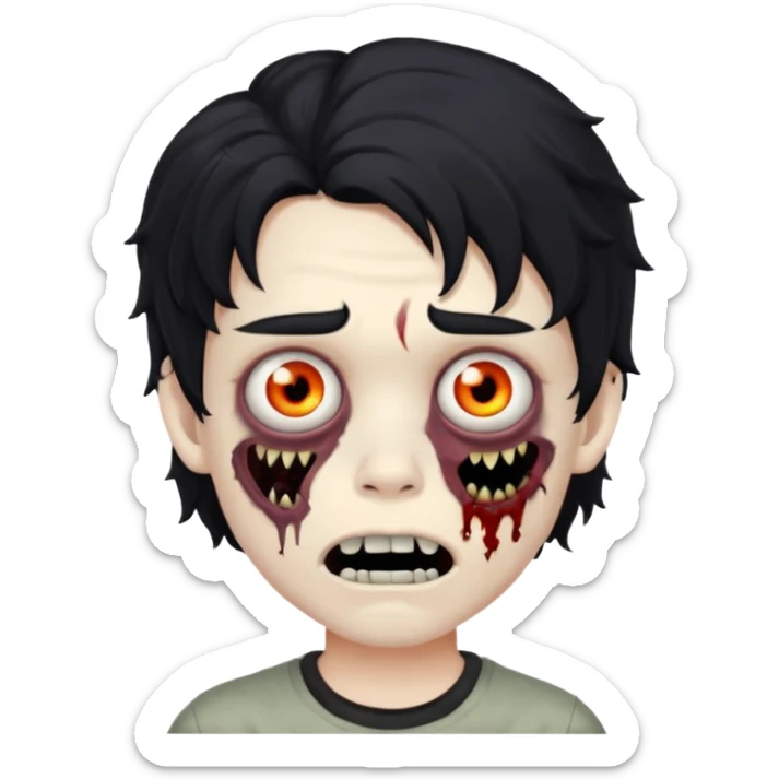 a boy with wavy hair, a zombie-shaped mouth piercing hum, and black hair sticker