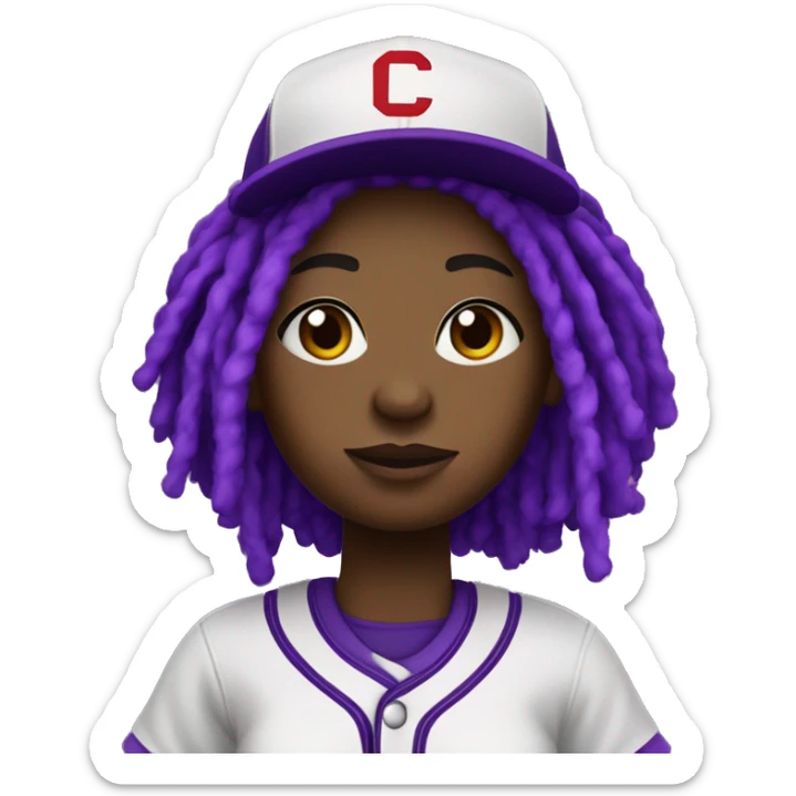 baseball card character. black girl. dread locs. overweight. letter C logo. Purple and white uniform.  sticker