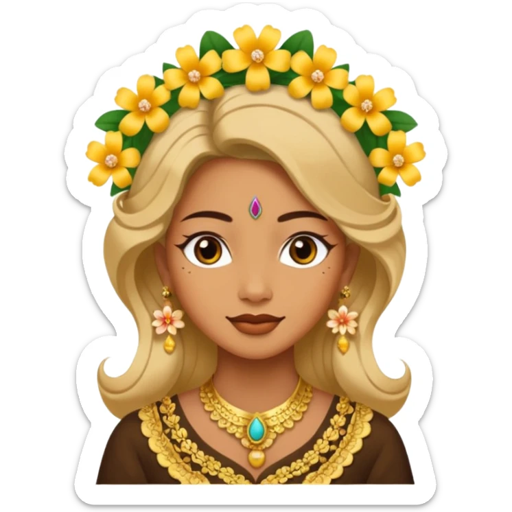 women with tan skin, wearing traditional Javanese hair with bouncy flowers, and wearing paes sticker