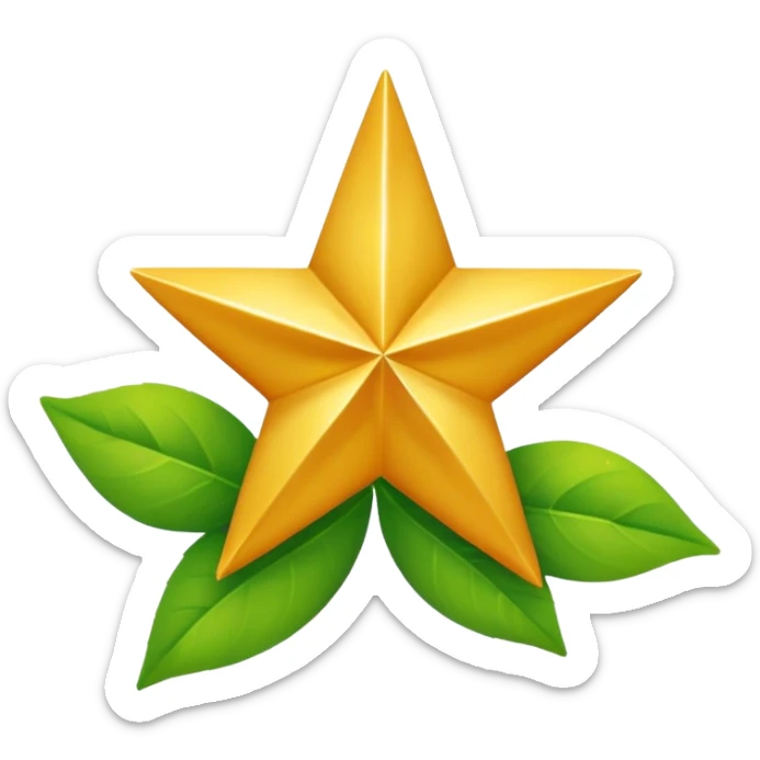 "A vibrant, golden five-pointed star emoji, with graceful green leaves subtly integrated into its points or wrapping around its base. The design should feel radiant and positive. Clean, vector-style, 32x32 pixel icon. Transparent background. Icon for achievement in health." sticker