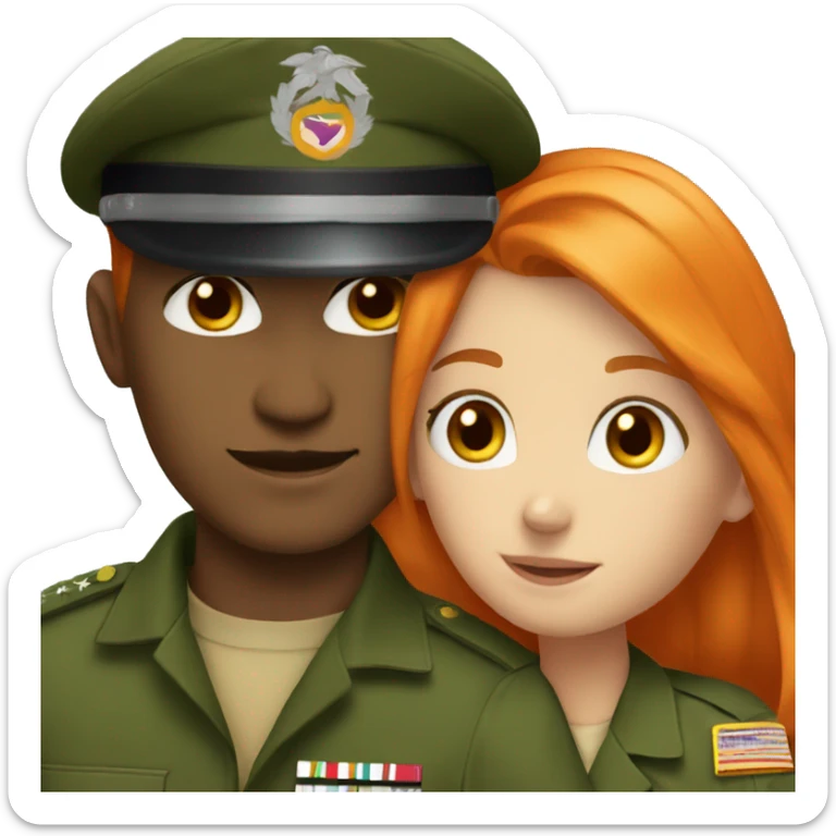 a orange hair girl hugs, white man with brown hair in a green military uniform sticker