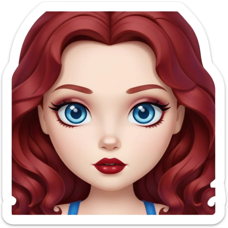 bratz pretty baddie, dark red wavy hair, pale skin, long hair, blue eyes, makeup sticker