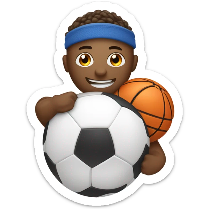 A smiling white emoji face wearing a sports headband, surrounded by a soccer ball, basketball, dumbbell, and yoga mat. sticker