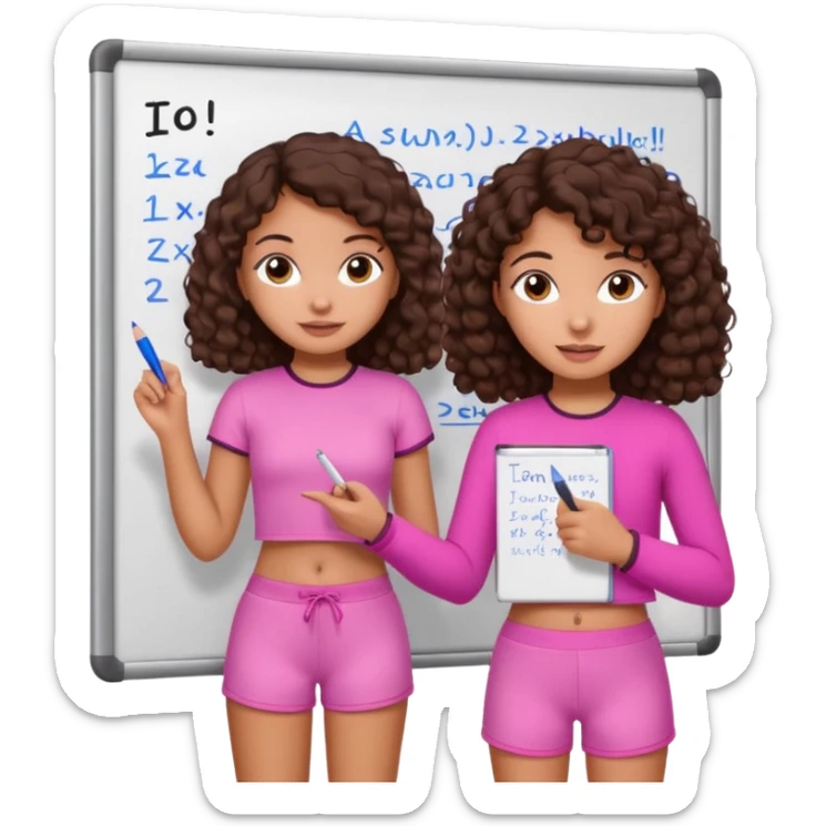 a girl with dark brown curly like hair wearing pink not hot pink 2 piece set teaching up on a board sticker