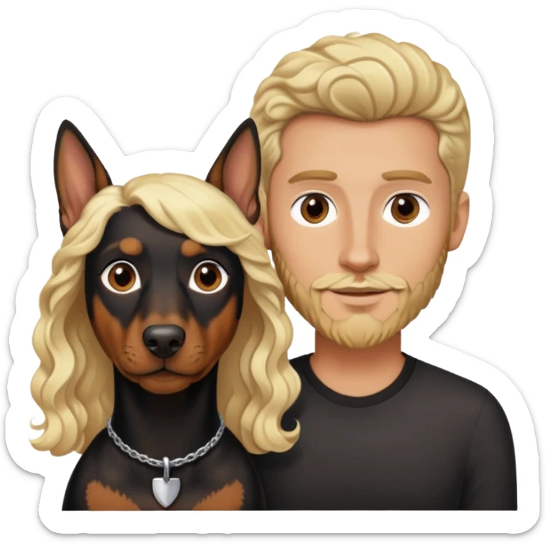 A blonde man with blonde beard and a tan woman with black curly hair, with a Doberman  sticker