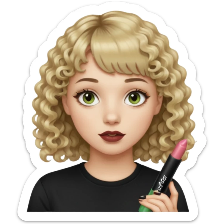 young woman wearing a black t shirt with curly dirty blonde hair, straight bangs, and hazel green & brown eyes. She is holding a Heather Rae Essentials Lippie Gloss sticker