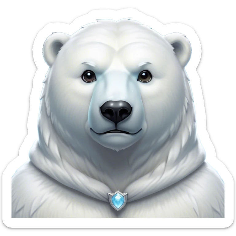 Cinematic Noble Polar Bear Portrait Emoji, Poised and regal, with a strong, muscular build cloaked in thick, snowy fur and piercing, determined eyes, Simplified yet sharp and sophisticated features, highly detailed, glowing with a soft, dignified polar glow, high shine, intelligent and majestic, stylized with an air of arctic authority, focused and commanding, soft glowing outline, capturing the essence of a watchful and confident guardian that feels as though it could step out of the screen with effortless authority! sticker