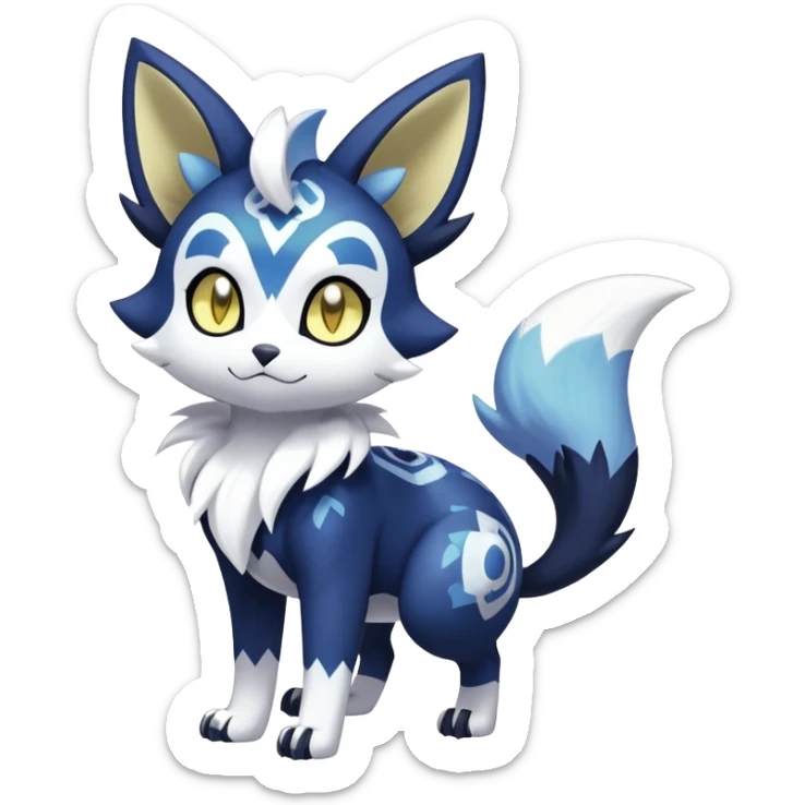 Shiny mExotic Colorfulj Excessive Mysterious Gothic Meowstic-Poochyena-Pokémon-Fakémon-hybrid-creature (full body) with pattern-markings with golden eyes sticker