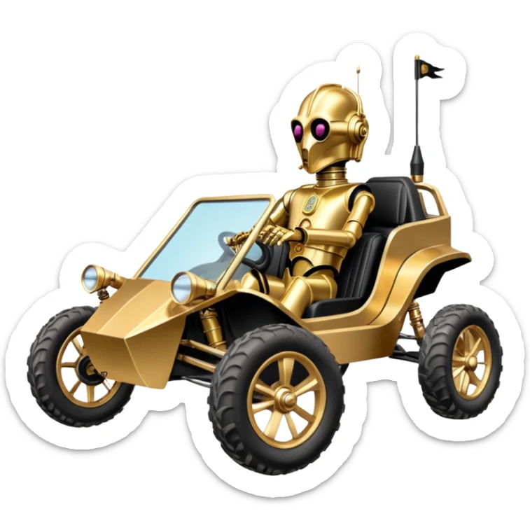 Old American West tarnished neon underglow C-3PO bounty hunter 1964 delicately ornate rosegold accents painted dune buggy buckboard wagon powered by electric motors and batteries with safety and belts flying rapidly roughening terrain stable on strong agile advanced suspension and steering sticker