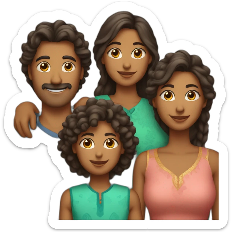 indian family with one dad and one son straight hair and one mom and one daughter curly hair sticker