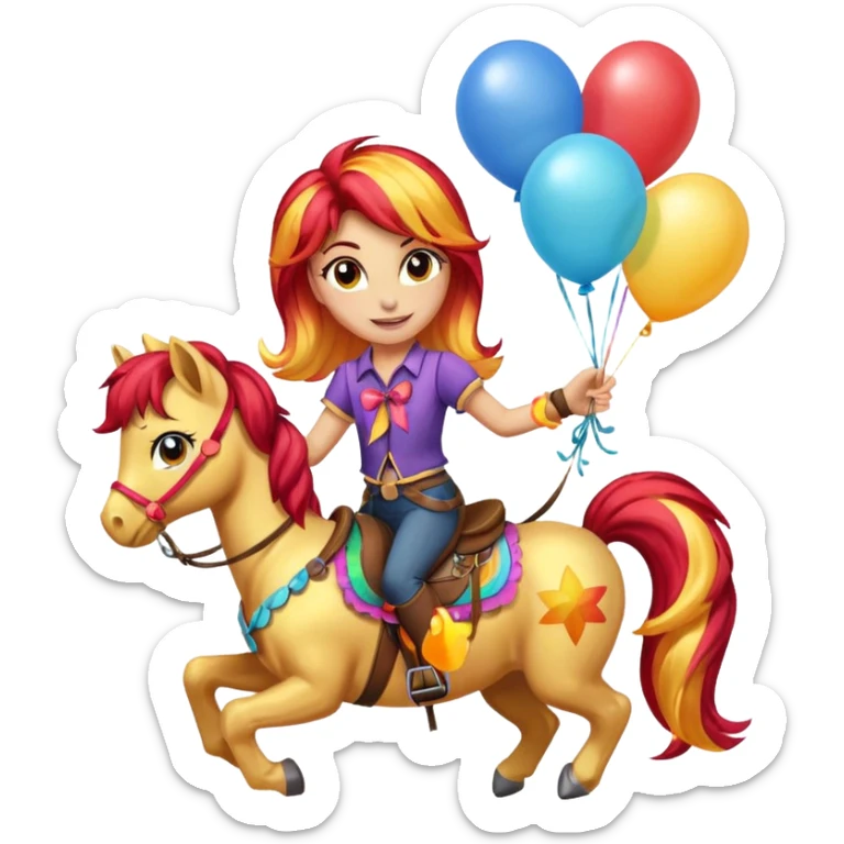 sunset shimmer mlp holding colorful balloons tied to its saddle, looking cheerful. sticker