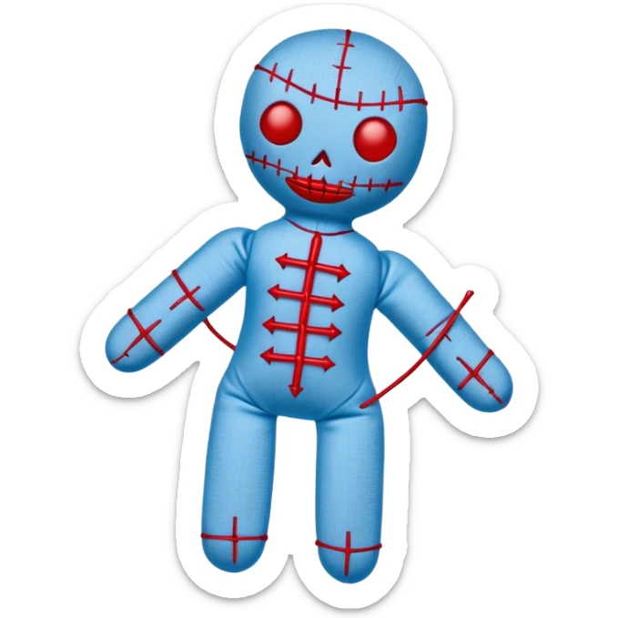 A voodoo doll made of fabric with Carolina blue (light blue) body and red stitches, with pins stuck in it sticker