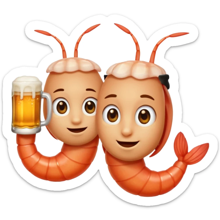 Design a trendy emoji-style illustration of two shrimp peeking from behind text, only half of their bodies visible, curious and playful expressions.
One shrimp holding a beer mug, the other pointing forward.
 sticker
