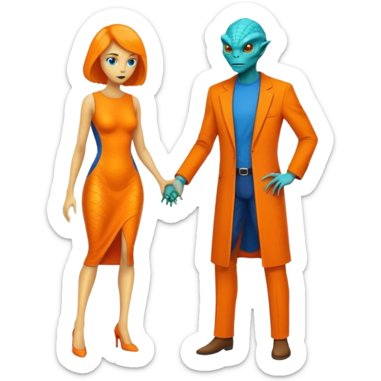 A reptilian alien woman in orange dress and human man in blue dress sticker