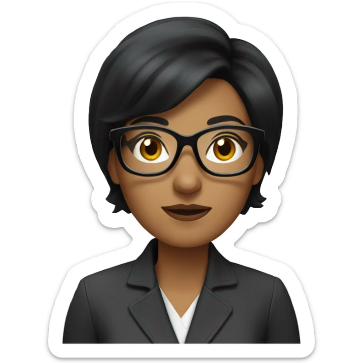 woman journalist with a microphone, short black hair and clear glasses sticker