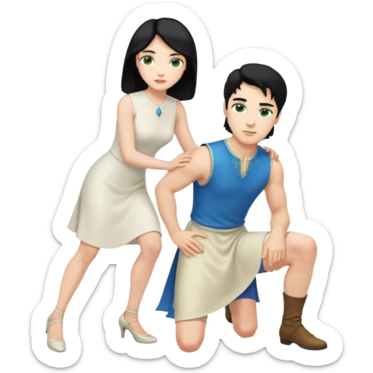prince, upright, black Hair, blue eyes, garment, and woman, bending knee, sleveless white dress, blonde hair, green eyes, sticker