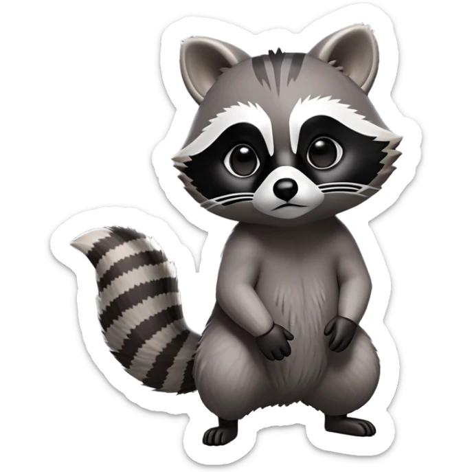 Cinematic-cute Raccoon-Realistic-hunched Full-Body on all fours-Emoji – Tail flicking lazily, head tilted dramatically, thick grey fur with a signature black mask, sharp and alert ears, simplified yet realistic focused features, highly detailed, glowing with an almost sarcastic glow big black eyes realistic body sticker