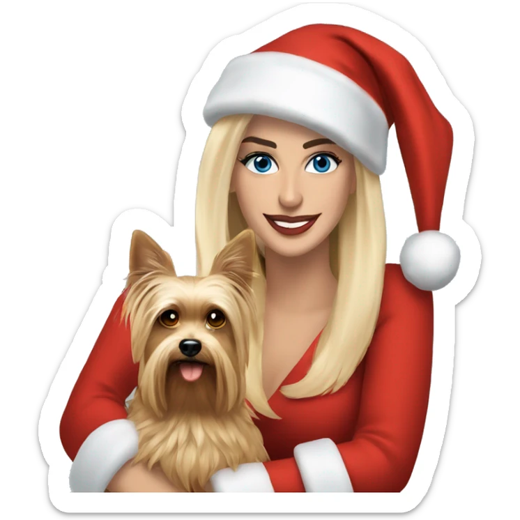 George Clooney & blonde woman blue eyes holding Yorkshire terrier wearing red santa hat sticker