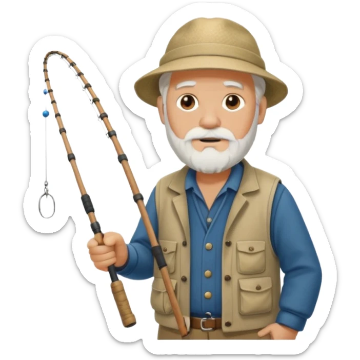 an old white haired, bearded man in fisherman attire, sat in a big boat on a calm sea, holding one fishing rod in one hand, with the end of the fishing line touching the water sticker