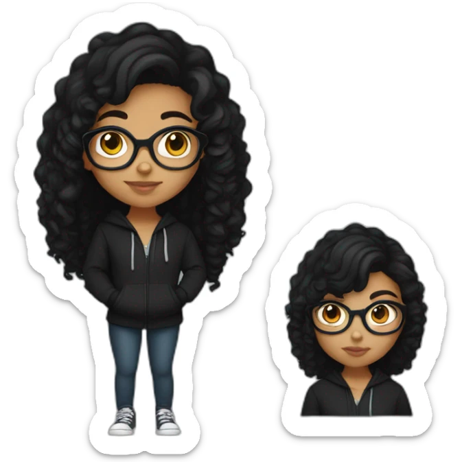 teenage indian girl with glasses with black curly hair wearing a black hoodie with no zipper sticker