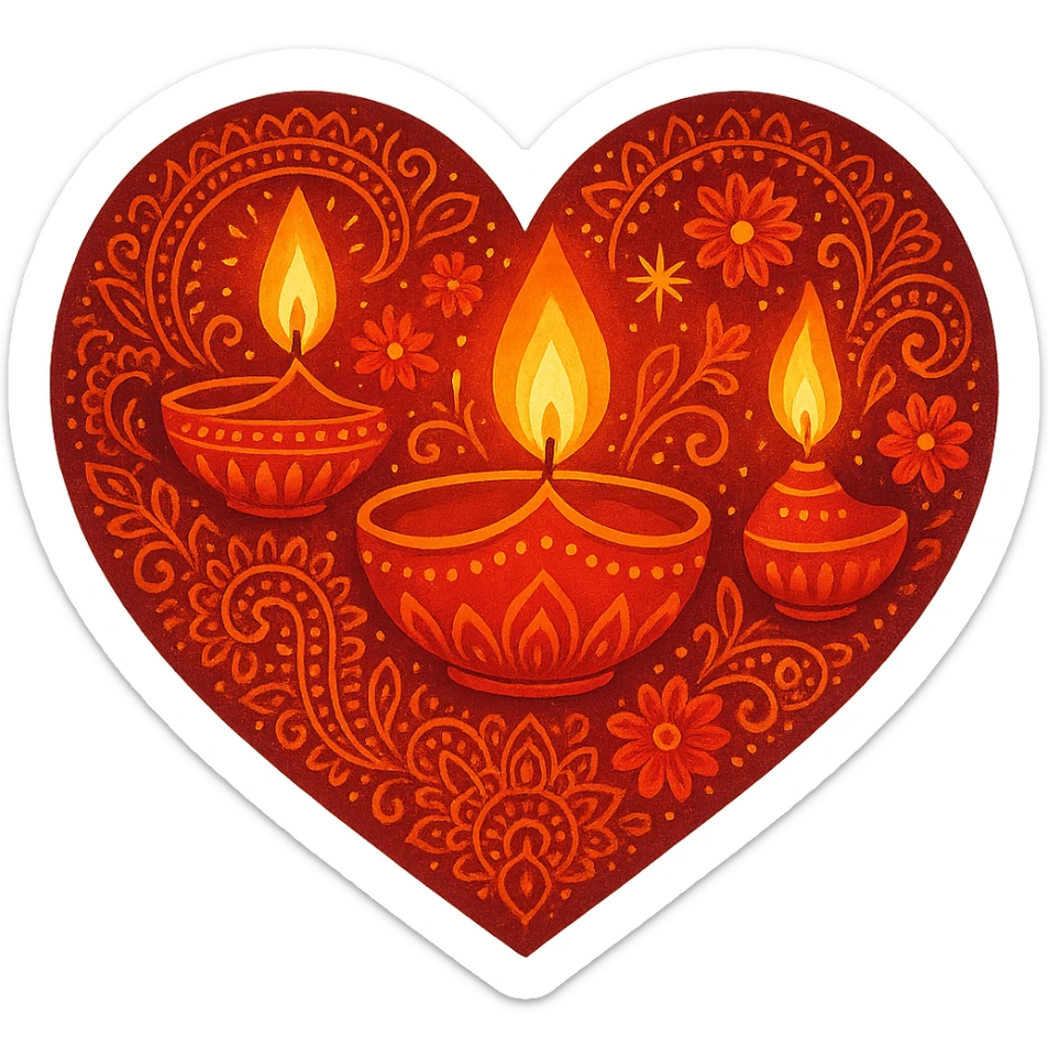 heart with Diwali theme, vibrant colors, traditional Diwali decorations, lamps, rangoli patterns sticker