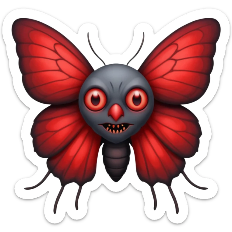 Create a scary emoji of the mothman with bright red eyes and as depicted in the legend. Make it less bird like and more Moth / Human hybrid sticker