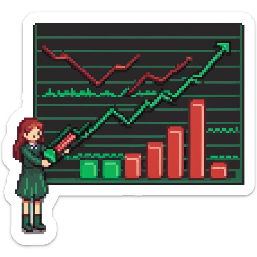 Girl holding chart with rising green graph line in right hand and holding another chart with falling red graph line in left hand sticker