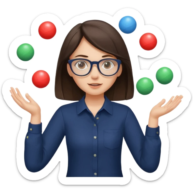 a brunette girl in a navy shirt wearing glasses is  juggling  with two hands  sticker