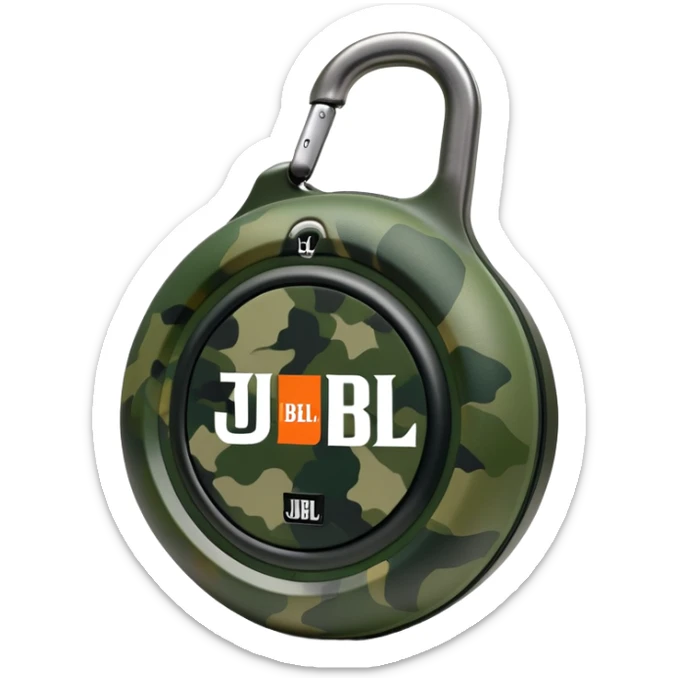 Simple JBL Clip 4 speaker with round body, built-in carabiner, green camo pattern, and JBL logo on front, iOS emoji style sticker