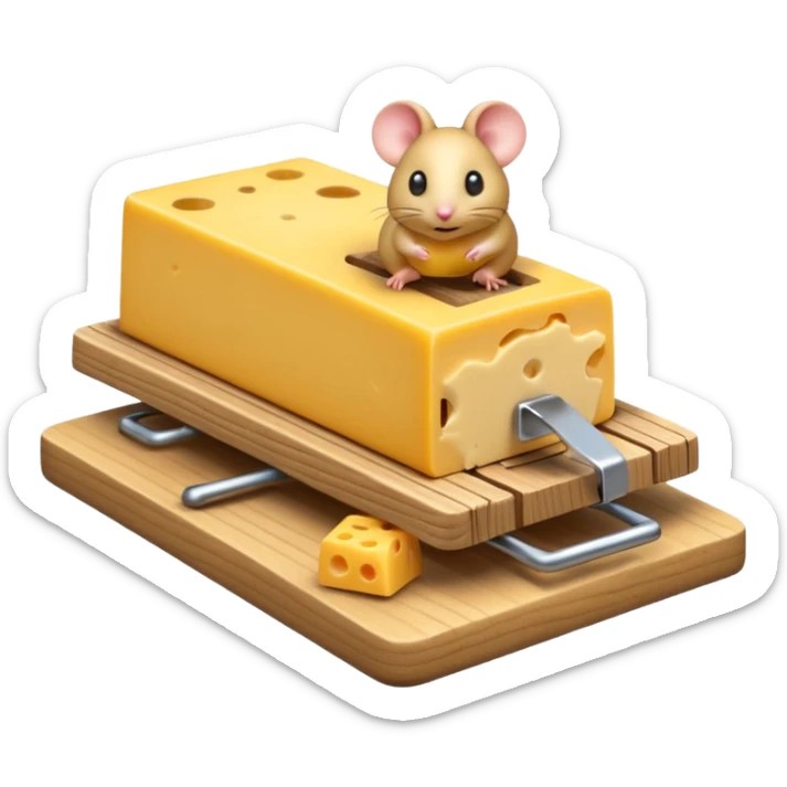 A 3D emoji in iOS emoji aesthetic style of a small mousetrap on a wooden base with a tiny gray mouse approaching a small piece of yellow cheese on it, minimal white background, bright lighting, clean and glossy Apple-style design sticker