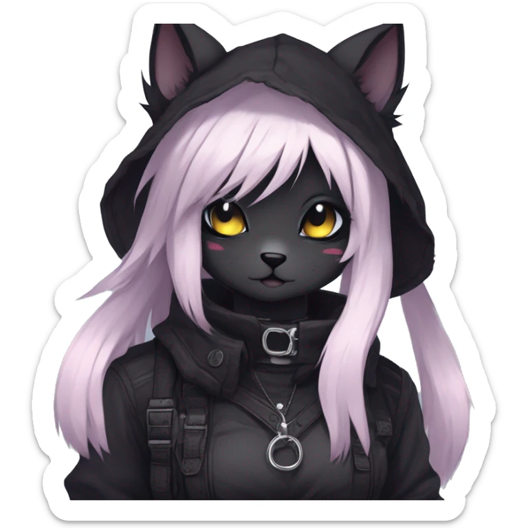 Gorgeous furry gothic dark techwear anime style anthro black cat furry sona Fakemon with blushing face aesthetic and pretty edgy black with collar and harness trending style sticker