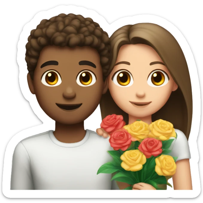 a boy with light skin and brown hair gives flowers to a brunette with light skin sticker